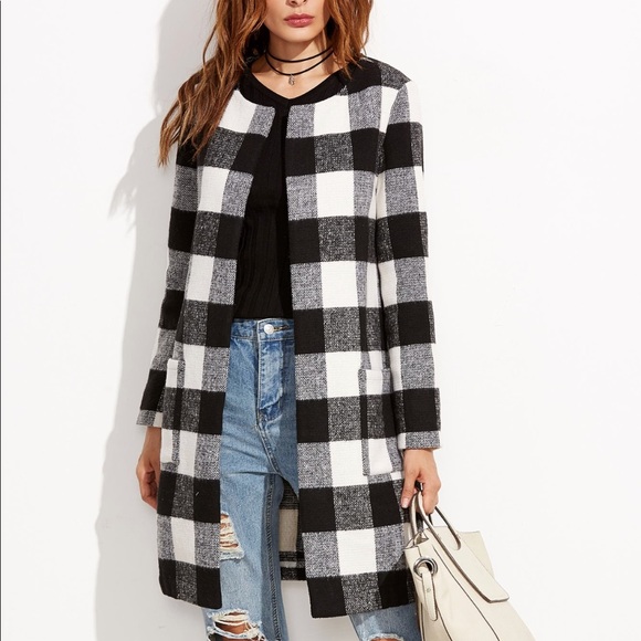 Jackets & Blazers - Checkered plaid open front coat woman black white